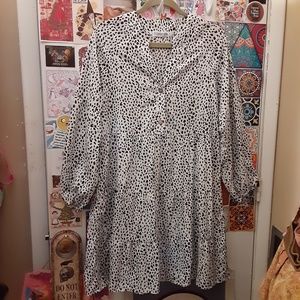 Temofon M Empire Waist Tiered Ruffled Balloon Sleeve Prairie Knee Dress Blk Dots